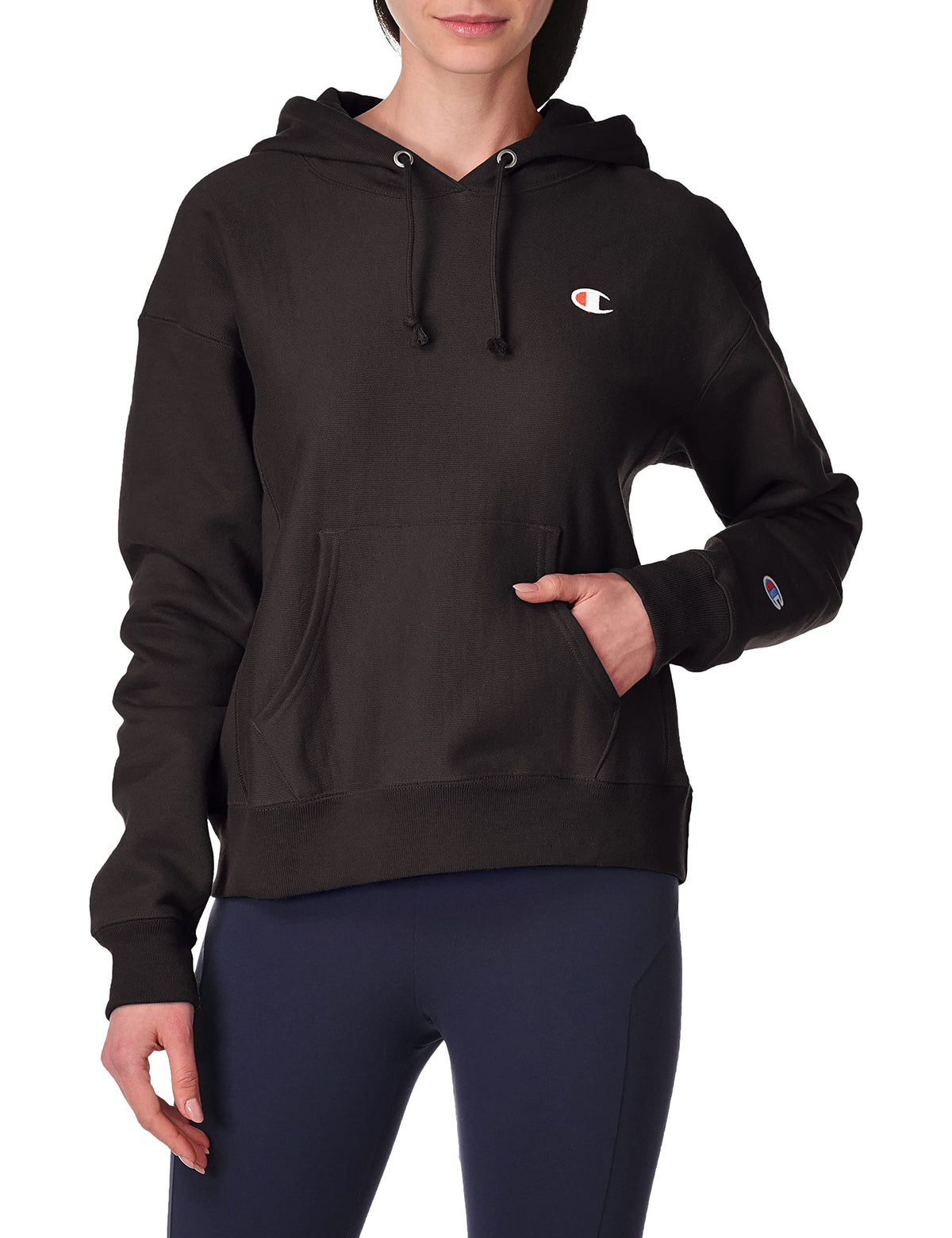 Champion Womens Standard Fit Pullover Reverse Weave Hoodie Black Left Chest C X-Small