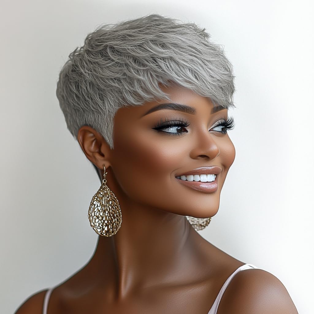 BOBCOO Grey Pixie Cut Wigs, Gray Short Wavy Pixie Wigs with Bangs Short Womens Wig Pixie Cut Synthetic Hair Short Layered Pixie Wig(Grey -Layered)