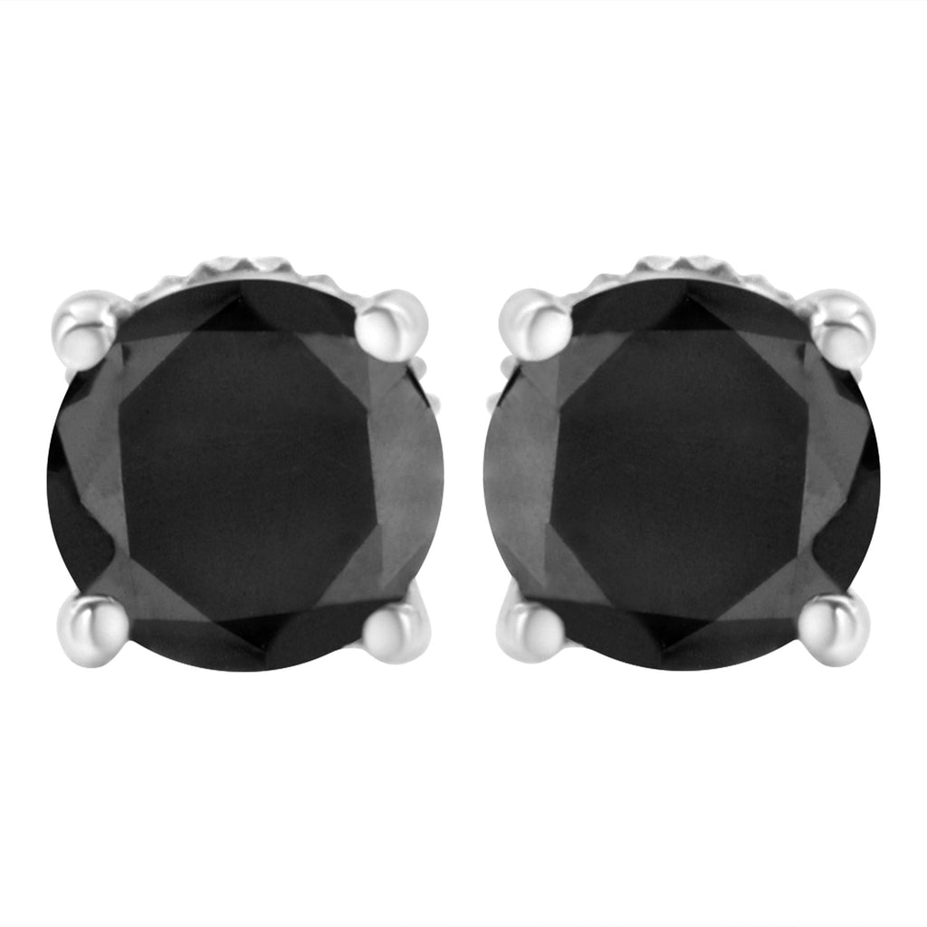 14K White Gold Round Brilliant-Cut Black Diamond Classic 4-Prong Stud Earrings with Screw Backs (Fancy Color-Enhanced, I2-I3 Clarity)