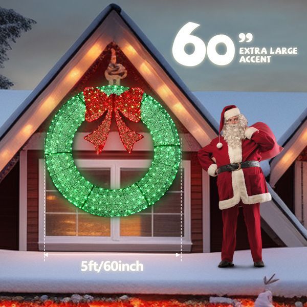 60in Pre-Lit Outdoor Christmas Wreath Decoration, LED Metal Holiday Decor For Home Exterior, Garden W 400 Lights, Bow - Green Red