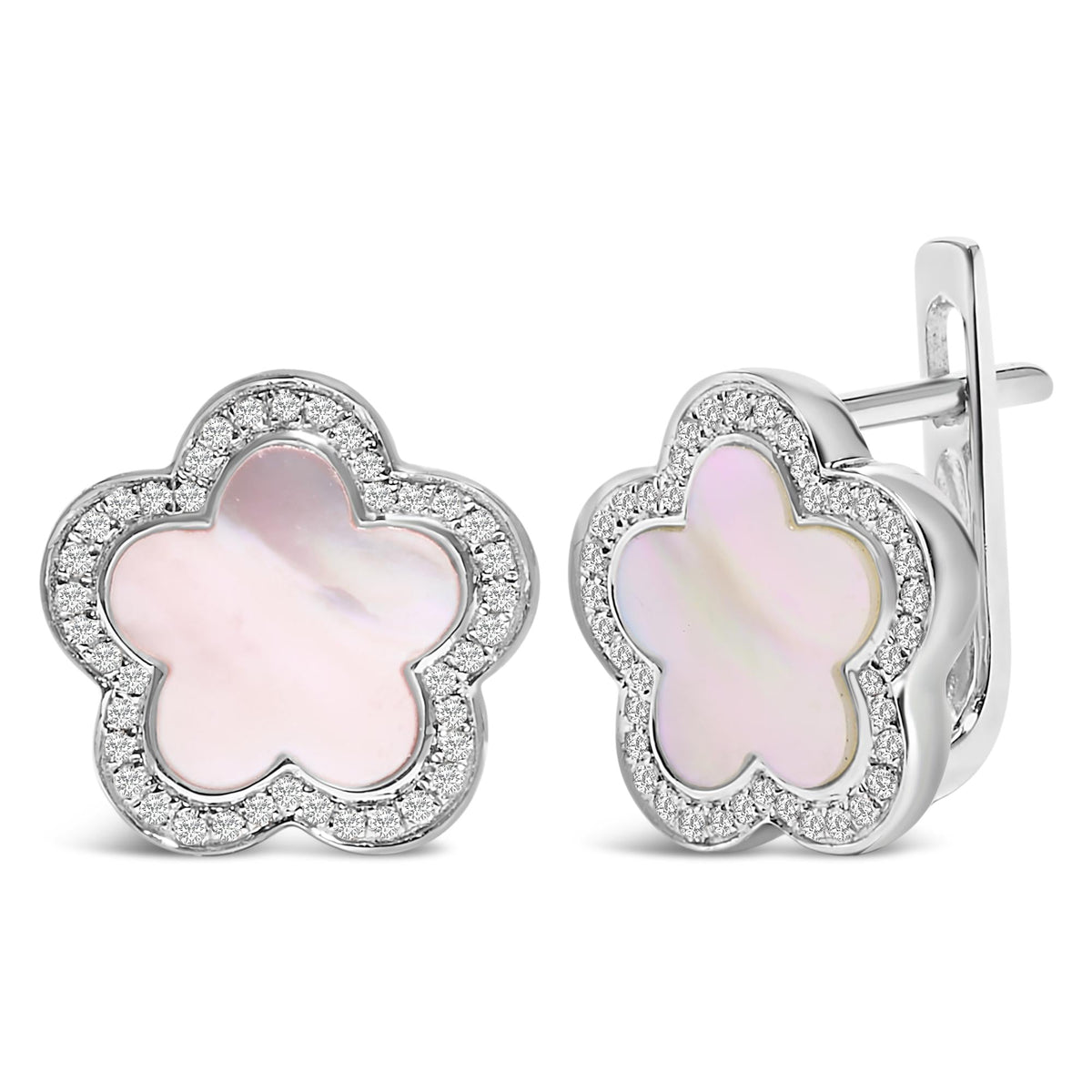 14K White Gold Mother of Pearl and 1/5 Cttw Diamond Halo Star Stud Earrings