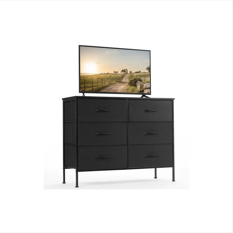 Dresser For Bedroom 6 Drawers Wide Fabric Storage Units Chest Of Drawers For Bedroom With Metal Frame And Wooden Top For TV