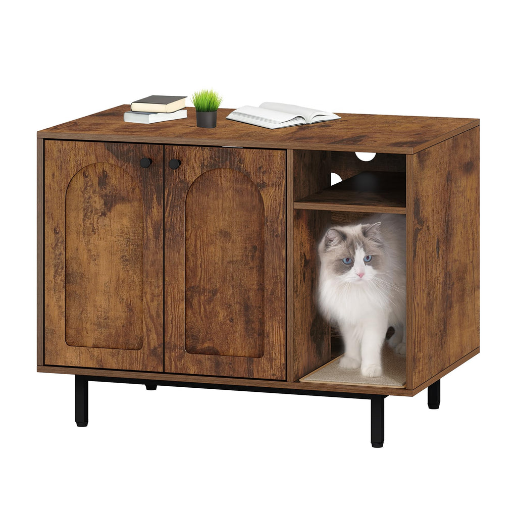 Hzuaneri Cat Litter Box Enclosure Hidden Litter Box Furniture Wooden Pet House Side End Table Storage Cabinet Bench for Living Room Bedroom Rustic Brown CB01501B