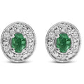 14K White Gold Oval Green Emerald and 1/10 Cttw Diamond Halo Stud Earrings  (I-J Color, I1-I2 Clarity)